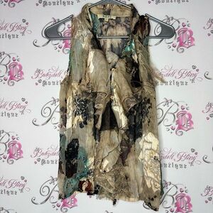 Ness Multicolor Sleeveless Blouse floral silk button ruffle frilly frills shiny